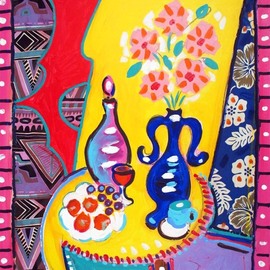 Wayne Ensrud: 'blue vase on yellow table', 1996 Acrylic Painting, Floral. Artist Description: Perfect symmetry meets divine colors in this rhythmic still life of harmony...