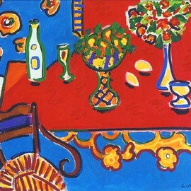 Wayne Ensrud: 'red table', 1999 Acrylic Painting, Still Life. Artist Description: Pure red and blue converge to create a balanced composition of a dynamic table with fresh flowers and lush fruits...