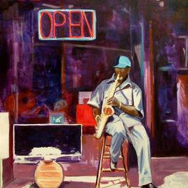 Wayne Wilcox: 'Beale Street Jazz', 2005 Oil Painting, Figurative. Artist Description: Jazz musician on Beale Street Memphis. Currently on exhibit at FedexForum Exeuctive Suite Level. ...
