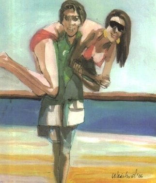 Harry Weisburd: 'RED BIKINI BABE', 2006 Watercolor, Beach.  Couple on beach with woman in a Red Bikini. Happy times. California Dreamin'ORIGINAL Painting is watercolor on canvas. Also available as limited edition , signed by the artist and number.  $700 Original Watercolor on canvas painting....