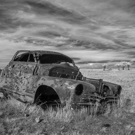 George Wilson: 'Out to Pasture', 2016 Black and White Photograph, Landscape. Artist Description:   Infrared Black and White Landscape at Conata Ghost Town, SD - printed on a 116 aluminum sheet and mounted with a metal easel or float mount so they are ready to display as soon as they arrive   ...