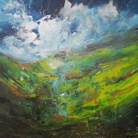 Wim Van De Wege: 'scottish highlands', 2019 Acrylic Painting, Abstract Landscape. Artist Description: The beautiful Highlands of Scotland with the many brown and green hues and colors is the starting point for this painting. In the distance you can see the mountains and in the foreground you see a stream running through the valley. The sun s rays illuminate the right ...
