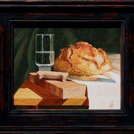 Wm Kelly Bailey: 'Bread and Water', 2013 Acrylic Painting, Still Life. Artist Description: Bread and Water, acrylic painting on stretched canvas.  10x8 painting, frame O.  D.  is 12 x 14.  Sold.  Private Collection, Houston, TX. ...
