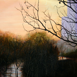 Wm Kelly Bailey: 'Sunrise From Shepherd St Bridge', 2006 Acrylic Painting, Landscape. Artist Description: Sunrise From Shepherd Street Bridge.  I spotted this beautiful sunrise early one winter morning as I crossed the Shepherd Street bridge over Houstons Buffalo Bayou.  The gorgeous colors in the sky complemented the hazy colors of the downtown buildings so perfectly and the bare winter branches of the ...