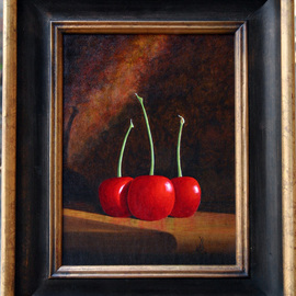 Wm Kelly Bailey: 'Three Cherries', 2011 Acrylic Painting, Still Life. Artist Description: A deceptively simple composition of a still life with a powerful visual punch Acrylic painting on canvas panel.  Private Collection, Tomball, TX Image size is shown frame size is approx.  14 x 17. ...
