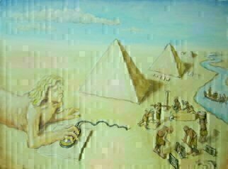 Wendy Lippincott: 'On Nile', 2016 Oil Painting, Satire.  Egypt, pyramids, web surfing, Figures, puzzle...