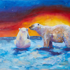 Olga Bavykina: '3 bears', 2019 Oil Painting, Abstract Figurative. Artist Description: Enviromental problems in the world can reduce number of animals living in wild nature. Two bear meet  on Soulth Pole  and were is the 3 bear  It is in the sky and it s constellation URSA major in the right cover of the picture. ...