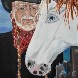 Susan Snow  Voidets : 'blue skies', 2019 Oil Painting, Famous People. Artist Description: Who wouldn t be singing Blue Skies with Willy Nelson whole looking at this paintingEven the bluebirds are singing a song.  The horse is a rescue medicine hat on his farm.  You will love the colors and theme. ...