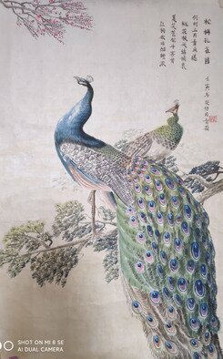 Qinghe Yang: 'peacock chinese painting', 2022 Ink Painting, Birds. Complete Hand - painting wich use ink colourand water on ShengXuan paper. The details is clear that you can see each tail s feather. The ShengXuan paper can be hold more than hundred years if you reseeve it carefully. This is special style chinese painting, you can keep it in Kraft ...