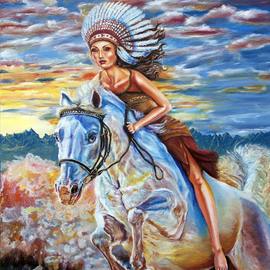 Yelena Rubin: 'Forever Together ', 2013 Oil Painting, People. Artist Description:  An American Indian rides a tan and white mustang across the late summer grassy plains. Off in the distance he sees a distinct pattern of smoke clouds rising above the hills.Every artwork is done using the best grade paints and materials giving you beautiful paintings with textured, ...