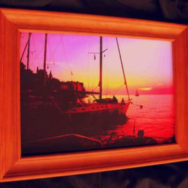 Sunset Ships at Rovjni Croatia very colordul artwork By Andrew Young