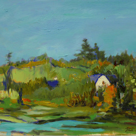 Yuming Zhu: 'Aquatic Beauty', 2017 Oil Painting, Landscape. Artist Description: Plein air, oil on canvas, framed and ready to hang.  Lyrical impression.   A patch of water reflects the fresh sky.  Wondering who is working in the barn.  Serene and birds singing in distance.  A scene from Bellevue Park.  Painting from live scene is always challenging and fun.  Will ...
