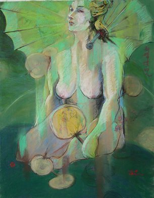 Yuming Zhu: 'new madame butterfly', 2015 Pastel, Figurative. Puchinni ever dreamedto compose this Madame in Spring timeColor and new twisted concept chanllenging my mind to painting umbrella and Japanese motifs.  Shipped with mat and frame , but no glass for safety. ...