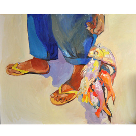 Anastasia Zakharova: 'fisherman from Zanzibar', 2015 Oil Painting, Sea Life. Artist Description:  fish, fisherman, catch, sand, Zanzibar, Poverty ...