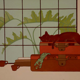 Terry Zarate: 'coffee cat', 1992 Oil Painting, Cats. Artist Description: I have always loved cats.  Whenever we would go on a trip, our cat, Chance, would lay on the suitcases or in them.  They knew what the suitcases meant and didn t like it. ...