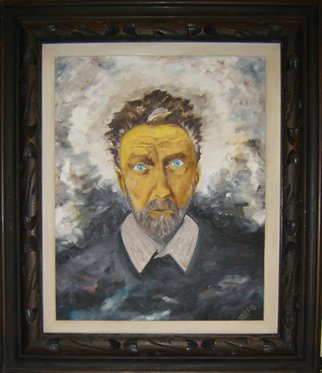 Rickie Dickerson: 'EzraPoundOnTheDayHeWasCommitted', 1996 Oil Painting, Portrait.    Ezra Pound was an American poet who lived in Italy during WWII. He agreed with Mussolini and was the Tokyo Rose of Europe. He attracted very little attention because he was considered a bad poet. An American politician went to Italy, heard a broadcast and had Pound extradited and prosecuted...