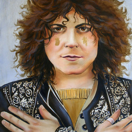 Marsha Bowers: 'Marc Bolan Portrait', 2010 Oil Painting, Portrait. Artist Description:  Portrait of Marc Bolan of T RexOil on Panel with Gold Leaf applied on cheeks as glitter( the artist often times applied glitter to his cheeks)       ...