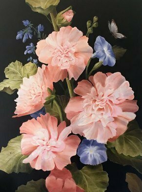 Marsha Bowers: 'hollyhocks', 2019 Oil Painting, Floral. Large scale floral painting consisting of hollyhocks and morning glories. Executed almost entirely with glazes. ...