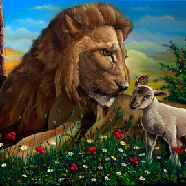 Marco Antonio Zeledon Truque: 'PROPHECY 2', 2012 Oil Painting, Biblical. Artist Description:   THE LION WITH LAMB graze, when Jesus rules EARTH     ...