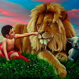 Marco Antonio Zeledon Truque: 'PROPHECY 3', 2012 Oil Painting, Biblical. Artist Description:  THE LION WITH LAMB graze, and a child shall lead them, when Jesus rules EARTH    ...