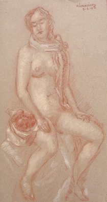 Dana Zivanovits: 'APPLE SELLER', 2002 Pastel, nudes.  Red and White conte on all rag, acid free pastel paper- a signed and dated Zivanovits original. Please contact me if you would like detail photos emailed....