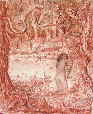 Dana Zivanovits: 'RIVER BATHER', 2006 Pastel, nudes.  Red Conte and sepia wash on Arche' s, all cotton, acid free printing paper- a signed Zivanovits original. SIZE: 5 1/ 4
