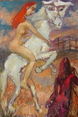 Dana Zivanovits: 'RODEO', 2004 Oil Painting, Sports.    This is an oil painting on linen mounted on masonite. Drawn from imagination of a rodeo.  A signed and dated Zivanovits original.      ...