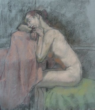 Dana Zivanovits: 'SLEEPING', 2001 Pastel, nudes.   This work was done in pastel chalk and charcoal on a high quality Italian pastel paper that is all rag acid free and highly permanent. The paper itself is toned blue with a very fine texture. Please feel free to email me and I will send detail photos. A signed...