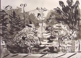 Dana Zivanovits: 'SUBURBAN STREET', 2004 Ink Painting, Cityscape.  A spontaneous ink study of a suburban street. Ink on Fabriano acid free watercolor paper. Signed and dated Zivanovits original. ...